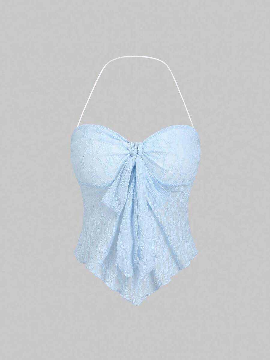 Sweetra 女式夏季纯色前系带露背短款上衣 Y2K - 藍色 - 查看 1