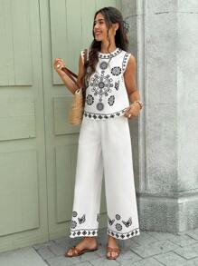 Serisse طقم ملابس علوية وبنطلون بطبعات زهور وهندسية، رقبة دائرية، كاجوال، قطعتين، للعطلات