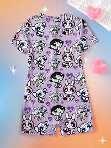 THE POWERPUFF GIRLS X SHEIN 少女卡通人物与爱心随机全身印花纽扣式贴身连体裤家居服 - 紫色 - 查看 2