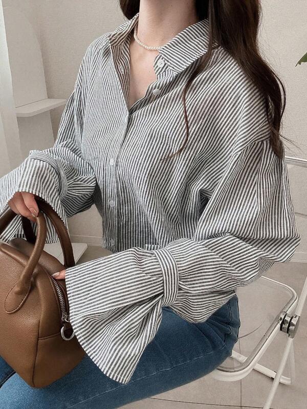 FRIFUL Blusa holgada de manga larga con decoración de puño a rayas, ropa de mujer de otoño