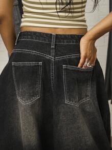 COUREZ 低腰宽松牛仔裤，浅蓝色水洗，街头休闲，Y2K风格，适合休闲、音乐节等场合，纯棉牛仔布 - 深灰色 - 查看 4