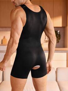 Men's Solid Color Crew Neck Jumpsuit With Shorts - Black - View 2