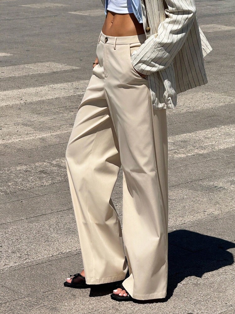 SHEIN ICON 女士工作外出宽松卡其色宽松口袋阔腿低腰纯色休闲裤 - 杏色 - 查看 1