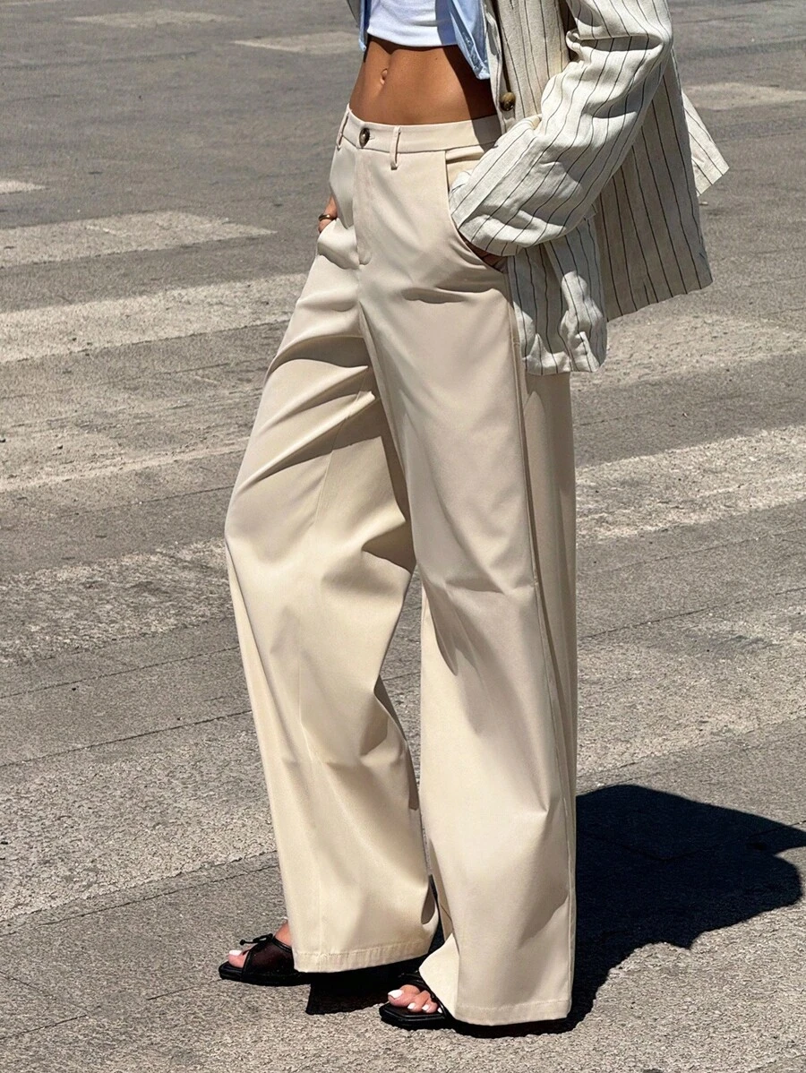 SHEIN ICON Women's Old Money Work Going Out Baggy Khaki Loose Fit Pockets Wide Leg Low Waist Solid Color Casual Pants - Apricot - View 1