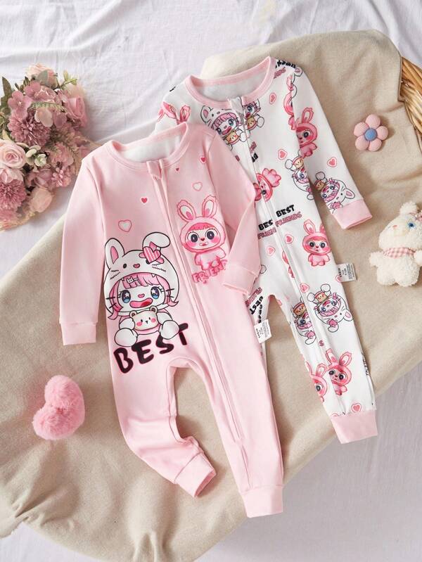 Baby Girls' Autumn/Winter Snug Fit Jumpsuit Set, Cute Cartoon Rabbit Ear Hooded Zipper Printed Long Sleeve Romper & Pants Two Pieces Sleepwear Baby Girl Sleepwear Newborn Baby Girl Pajamas Baby Girl Pajamas Jumpsuit Newborn Baby Pjs Girl Jumpsuit Baby Jumpsuit "Tight Fit Pajama","Tight Fit","Snug Fit