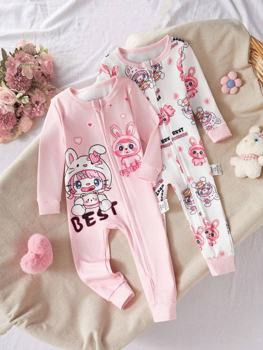 2 Stücke Baby Mädchen Herbst/Winter Eng anliegender Jumpsuit Set, süßer Cartoon Hasen Ohr Reißverschluss bedruckter Langarm Jumpsuit Zweiteiler Schlafanzug Baby Mädchen Schlafanzug Neugeborenes Baby Mädchen Pyjama Baby Mädchen Pyjama Jumpsuit Neugeborenes Baby Mädchen Pjs Jumpsuit Baby Jumpsuit "Eng anliegender Baby Mädchen Pjs Jumpsuit Herbst" - Pink - Übersicht 1