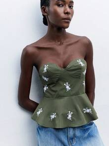 Maija 女士荷叶边印花抹胸上衣，都市通勤商务休闲上衣，办公室穿着，教师必备，秋冬季基础款外套 - 軍綠色 - 查看 2