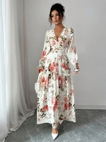 Elenzga 女式碎花灯笼袖中长连衣裙，浪漫法式设计，褶皱下摆，收腰，修身性感 V 领，适合约会、派对，可与夹克叠穿 - 彩色 - 查看 2