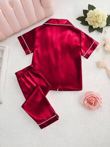 2 件套女婴休闲纯色短袖上衣和裤子舒适家居服套装，春夏 - 酒紅色 - 查看 2