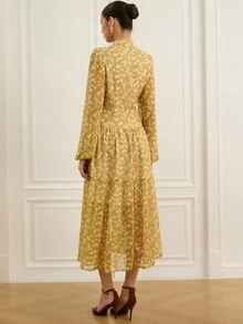 Aveloria Rosie New Autumn Fashion Random Ditsy Floral Chiffon Pearl Button Stand Collar Long Sleeve Women Long Dress Fall Cloth For Women