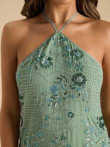 SHEIN BAE 蓝色花卉串珠挂脖迷你连衣裙，优雅的装饰花卉连衣裙，适合度假、海滩、音乐节、生日、早午餐、婚礼宾客着装 - 薄荷綠 - 查看 3