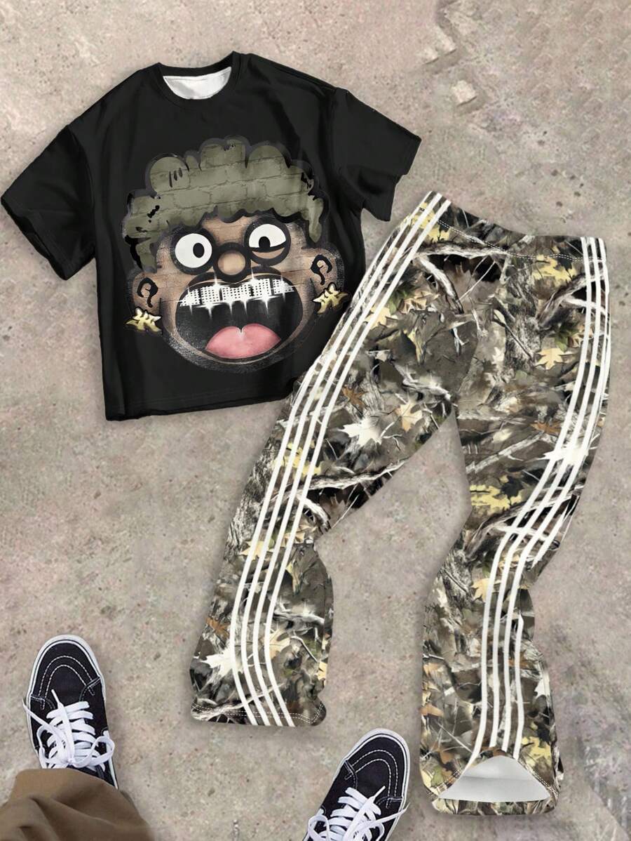 SHEIN Bolty 2pcs Tween Boy Polo Collar T-Shirt And Flared Pants Casual Outfit, Suitable For Summer