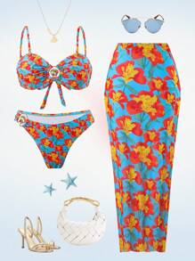 Swim Oasis 3 件套女士泳衣，随机花卉印花，性感细肩带抹胸上衣，三角泳裤，网眼罩裤，夏季泳装套装