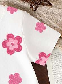 2pcs Baby Girl Casual Cute Floral Print Short Sleeve Round Neck T-Shirt And Floral Print Shorts Set, Suitable For Outings And Daily Wear, Summer - Multicolor - View 4