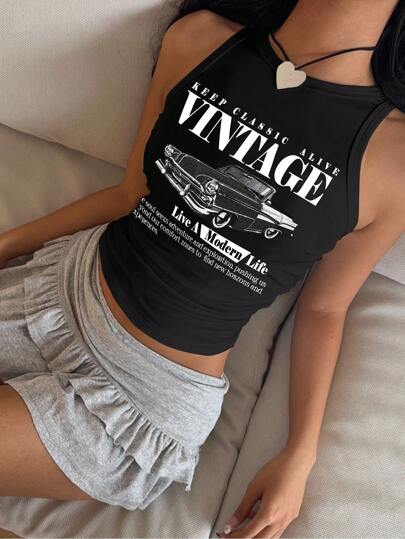 SHEIN SXY 复古休闲复古汽车图案圆领修身女式背心，适合夏季