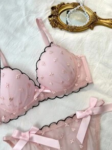 FairyFlirt 2 件粉色花卉刺绣文胸套装，带钢圈、衬垫、蕾丝蝴蝶结，浪漫乡村风格女士内衣套装 - 粉色 - 查看 6