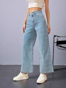 Jeanoix Solid Wide Leg Jeans - Light Wash - View 5