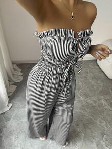 Elenzga 女式夏季休闲条纹抹胸连体裤 - 随机花卉图案 - 黑與白 - 查看 4