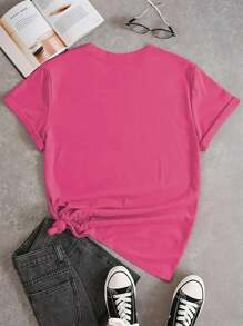 INAWLY Women Regular Pattern Print Pink Round Neck Short Sleeve T-Shirt - Pink - View 2