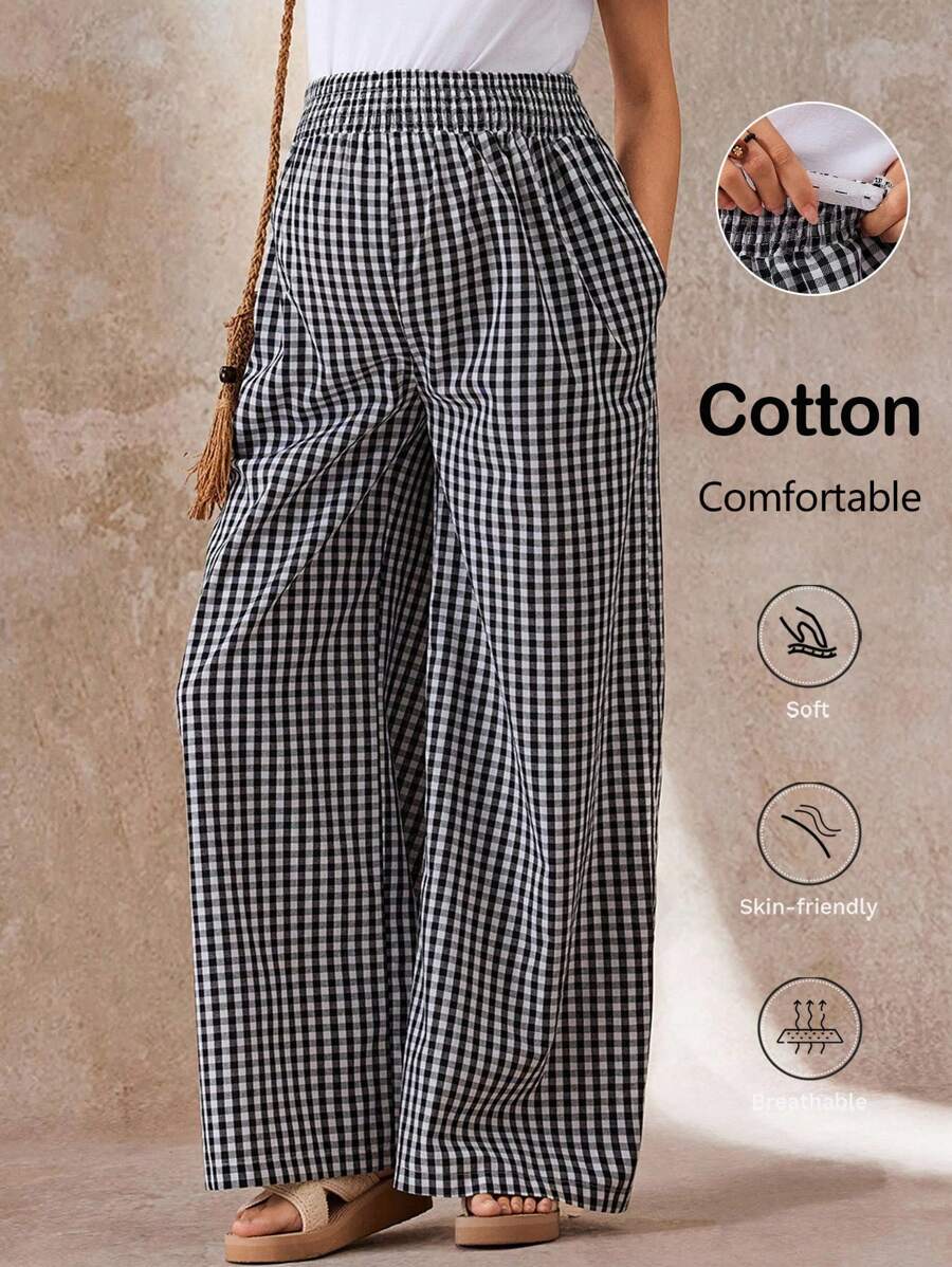 Boho Mama 孕妇休闲格纹阔腿裤，适合度假秋季女装，乡村音乐会阔腿裤，波西米亚风秋装 - 藍白色 - 查看 1