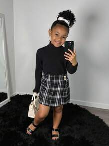 2 件装年轻女孩和年轻女孩高领保暖 T 恤和格子裙套装，女孩秋季休闲装