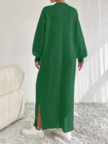 EURMUSE Women Drop Shoulder Long Sleeve Solid Color Long Knit Sweater Dress, Casual Style, Autumn/Winter - Green - View 2
