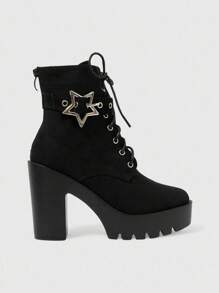 Sugerpunk 女式哥特式圆头粗跟防水台朋克靴，绒面面料，黑色高跟靴，适合派对、日常穿着、晚礼服，增高修腿 - 黑色 - 查看 2