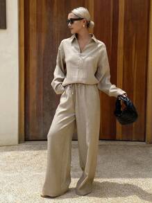 DAZY Conjunto de 2 piezas de top casual de manga larga con cuello en V y pantalones de ajuste holgado para mujer, otoño e invierno