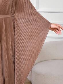Al Najma 大码女式优雅纯色蝙蝠袖阿拉伯风格连衣裙 - 卡其色 - 查看 6