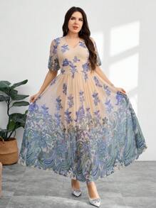 Modelyn Plus Size Women Floral Print V-Neck Puff Sleeve Elegant Dress - Multicolor - View 6