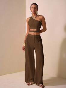 Zivah 2025春夏新款优雅度假休闲通勤母亲节婚礼季音乐节派对街头俱乐部白色纹理面料单肩扭纹细节腰部镂空上衣与阔腿长裤带口袋两件套 - 咖啡棕 - 查看 4
