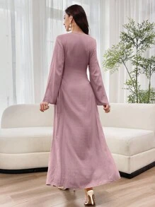 Al Najma Váy phong cách Ả Rập thanh lịch dành cho nữ có miếng dán trang trí và dây buộc eo - Bụi hồng - Xem 2