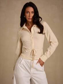 Glamine 女式半开袖衬衫，弹力修身性感优雅简约设计，适合通勤、都市、现代职场、美人鱼风格，适合春夏秋冬所有季节 - 杏色 - 查看 1