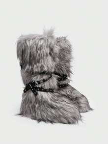 Sugerpunk 2025 New Mid-Calf Women Snow Boots, Cross Rivet Furry Boots, Slim & Warm For Christmas - Grey - View 2