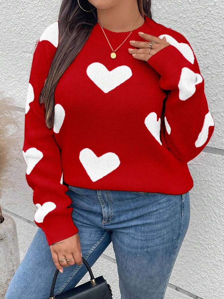 EURMUSE Plus Size Women Heart Pattern Crew Neck Long Sleeve Casual Pullover Sweater - Red and White - View 7