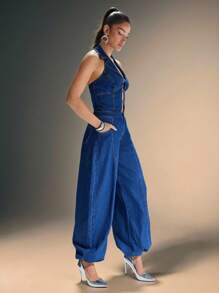 Denimoi 挂脖式 O 型环镂空灯笼腿牛仔连体裤 - 淺色水洗藍 - 查看 5
