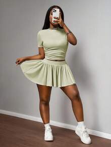 Slaydiva Damski, swobodny, jednokolorowy, marszczony T-shirt i mini spódniczka, 2 częściowy komplet, lato - Zielony - Zobacz 3