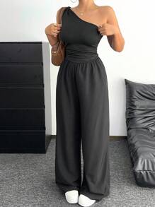 POPSWAY Vintage Slim Fit Casual Waist Cinched Solid Color Jumpsuit - Black - View 1