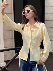 Aveloria Affinna French Style Polo Collar Tie-Waist Slim Fit Long Sleeve Shirt Fall Cloth For Women