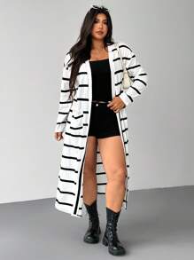 SHEIN EZwear 大码女式条纹落肩长袖双口袋休闲长夹克，秋冬 - 米色 - 查看 4