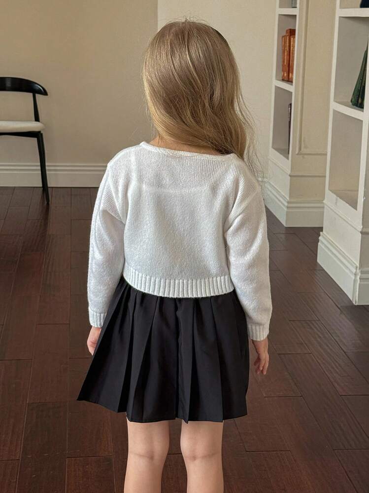 SHEIN Young Girl Bowknot Cardigan With Round Neck, Casual For Daily Wear, Autumn/Winter,Long Sleeve Tops, Elegant & Cute, High Quality, Warm & Soft, Versatile For Play, Daily Wear, School, Autumn & Winter,Pairing White Shirt,Back To School Season.College Style, Fall - White - View 8