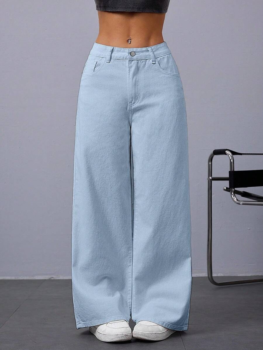 Jeanoix Solid Wide Leg Jeans - Light Wash - View 1