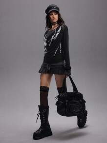 ROMWE EDITION Collegiate Skull Chain Letter 2 In 1 Layered Draped Neck Striped Women Long Sleeve Knit Sweater - Multicolor - View 1