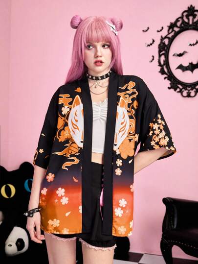 J-Fashion Women's Summer Casual Vacation Style Fox & Floral Print Loose Fit Open Front Shirt