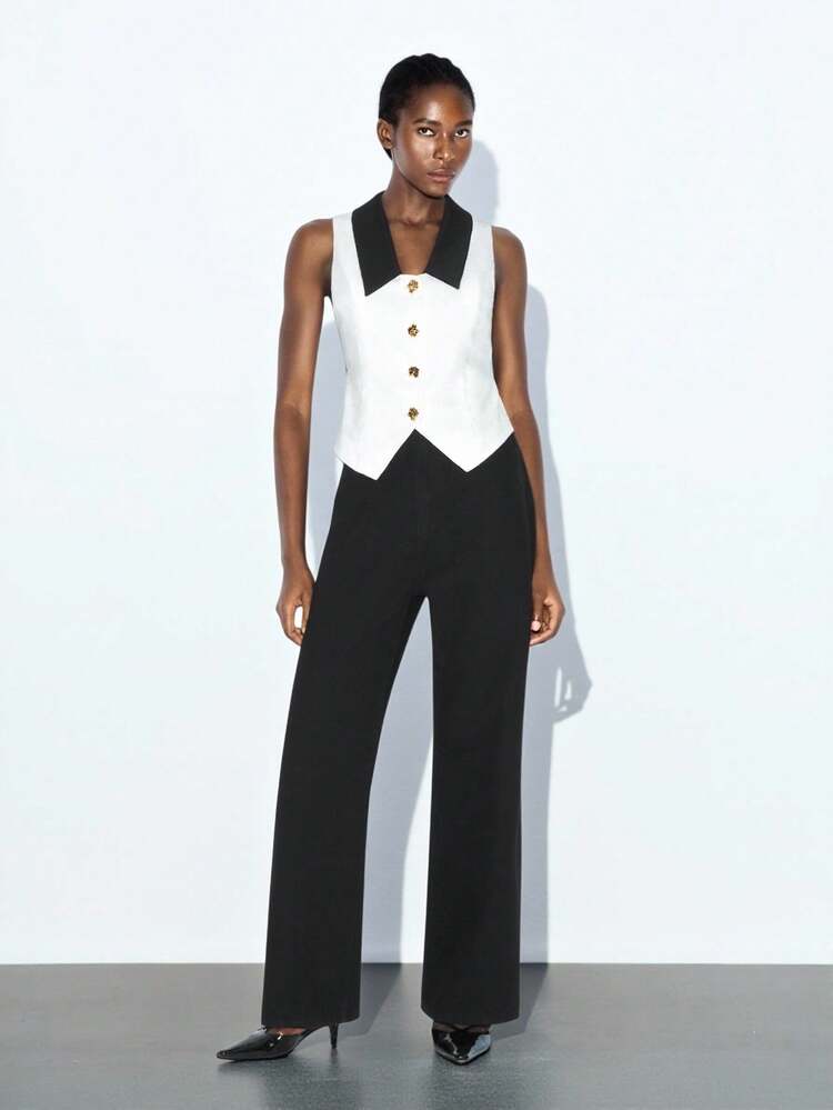 SHEIN Maija Women's Monochrome Black & White Splice Design Metal Button Decor Casual Jacket, Versatile Classic Metropolitan Fashion, Comfortable Loose Fit V-Neck Sleeveless Front Metal Button Blazer Black And White For Women Sleeveless Modern Urban Casual Fashion Business Casual Women's Office Wear Low-Key Old Money Style Effortless High-End Urban Commuting High-Quality Airport Women's Wear High-End Material High-End, Elegant, Old-Fashioned Cruise Attire For Wedding Guests Black And White Back-To-School Wom