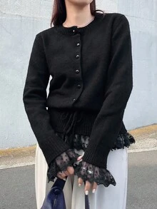 FRIFUL Women's Casual Lace Patchwork Drawstring Crew Neck Loose Hem Cardigan Black Lace Cardigan Lace Sleeve Cardigan Black Cardigan With Lace Black Lace Top Lace Trim Cardigan - Black - View 5