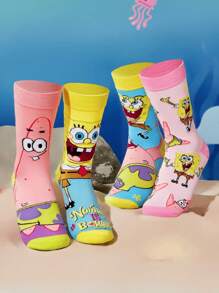 SpongeBob SquarePants | SHEIN 4 双柔软透气吸湿排汗休闲女士中筒袜，时尚可爱的粉色和蓝色中筒袜，加固的脚趾和脚跟，经久耐用，适合所有季节，夏季和冬季 - 彩色 - 查看 3