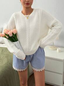 EURMUSE Winter White High-Neck Chunky Cable Knit Relaxed Sweater Snowfall Comfort Heavyweight Cable Pattern Mock Neck Pullover,Jumper,Cream Jumper,Jumpers,Black Jumper,Womens Jumper,Women's Jumper,Women's Jumpers - White - View 1