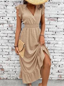 SHEIN Clasi 女士休闲简约腰部收褶长裙，适合度假 - 卡其色 - 查看 4