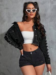 SHEIN EZwear 女式做旧长袖单排扣磨边短款牛仔夹克 - 黑色 - 查看 6